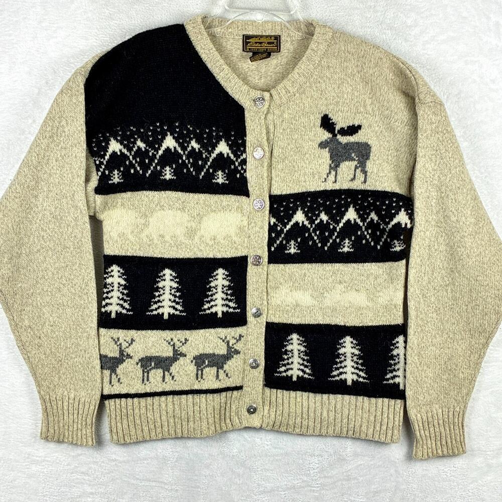 VTG Eddie Bauer Cardigan Sweater Size L Beige Wool Winter Nature Xmas 80s USA
